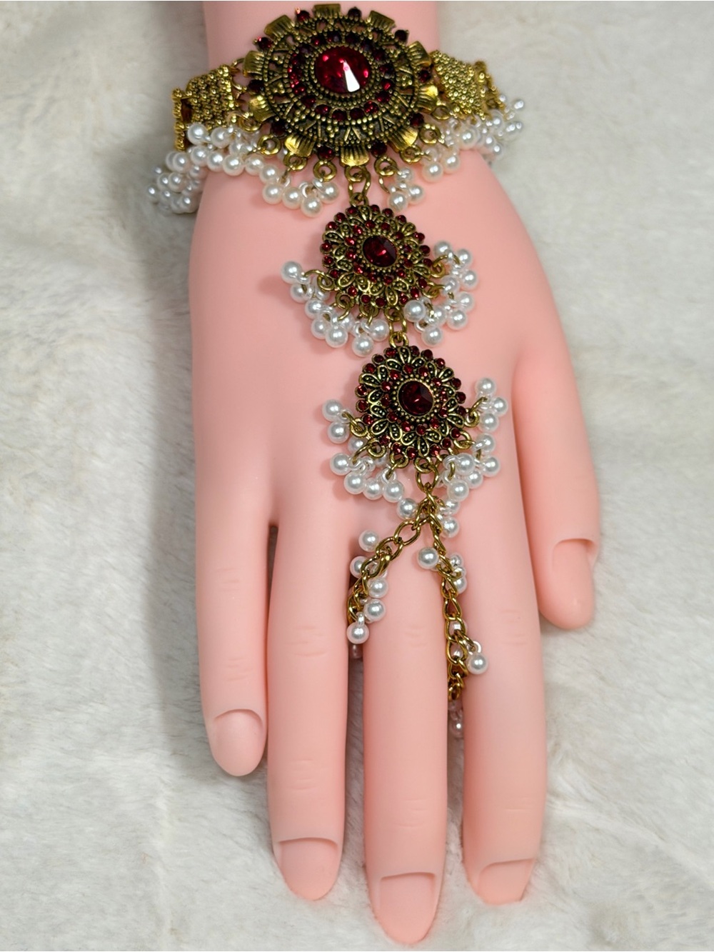 Gold-Tone Red & Pearl Hand Harness Bracelet